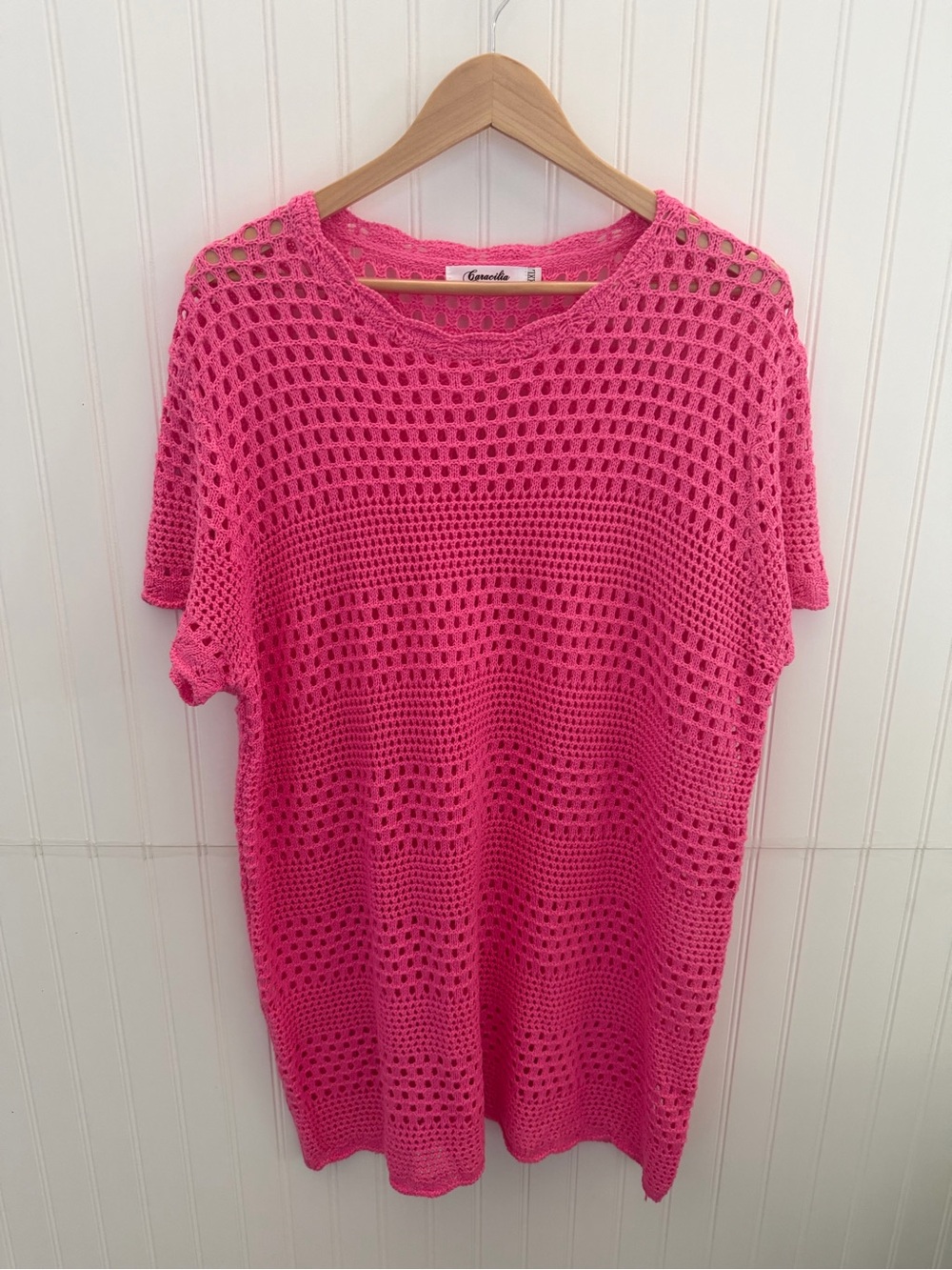 Crochet Open-Stitch Swim Coverup - Neon Pink